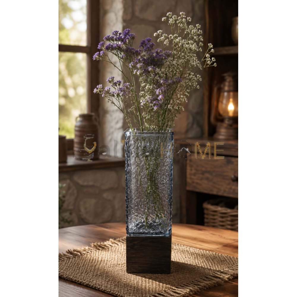 AJE VAZO AHŞAP TABANLI KARE CAM DEKORATİF VAZO 9x25 CM 1*20