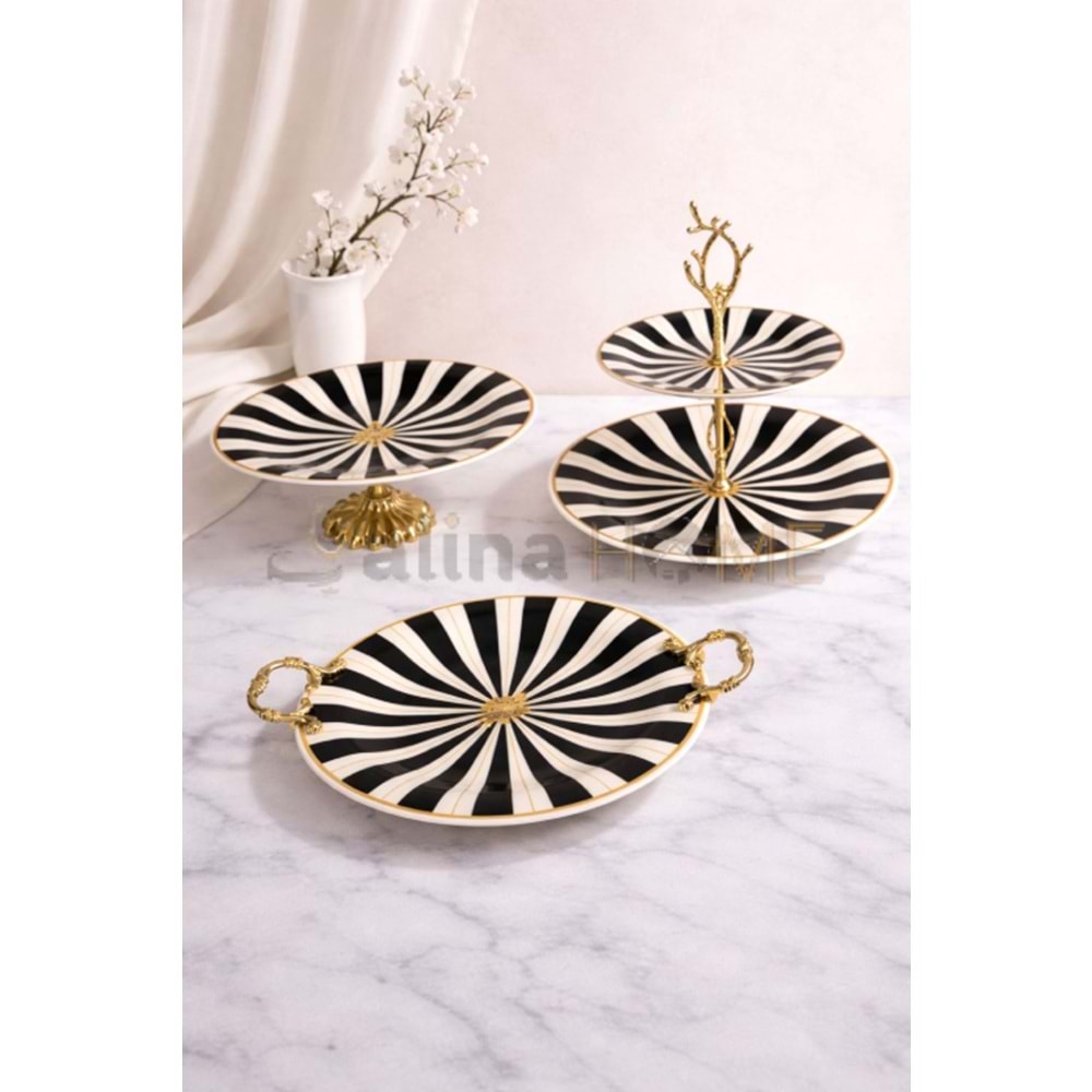 DRT PORSELEN SUNUMLUK 3 LÜ SET RÜZGAR DESEN SİYAH 1*7
