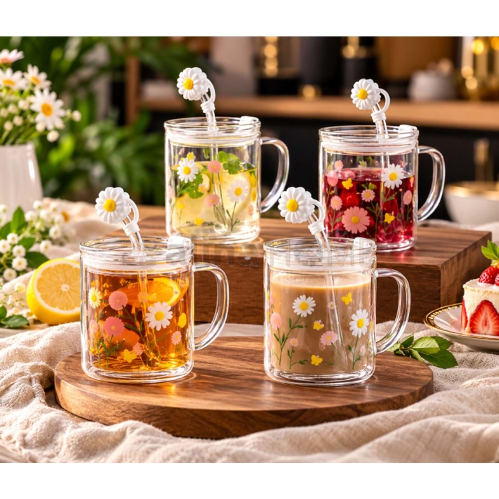BY COMO KUPA CAM PİPETLİ PAPATYA FİGÜRLÜ 450 ML 1*48