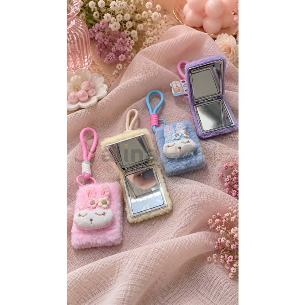 MNG AYNA PELUŞ DÖRTGEN TAVŞAN FİGÜRLÜ ANAHTARLIK VE CEP AYNASI 1*12