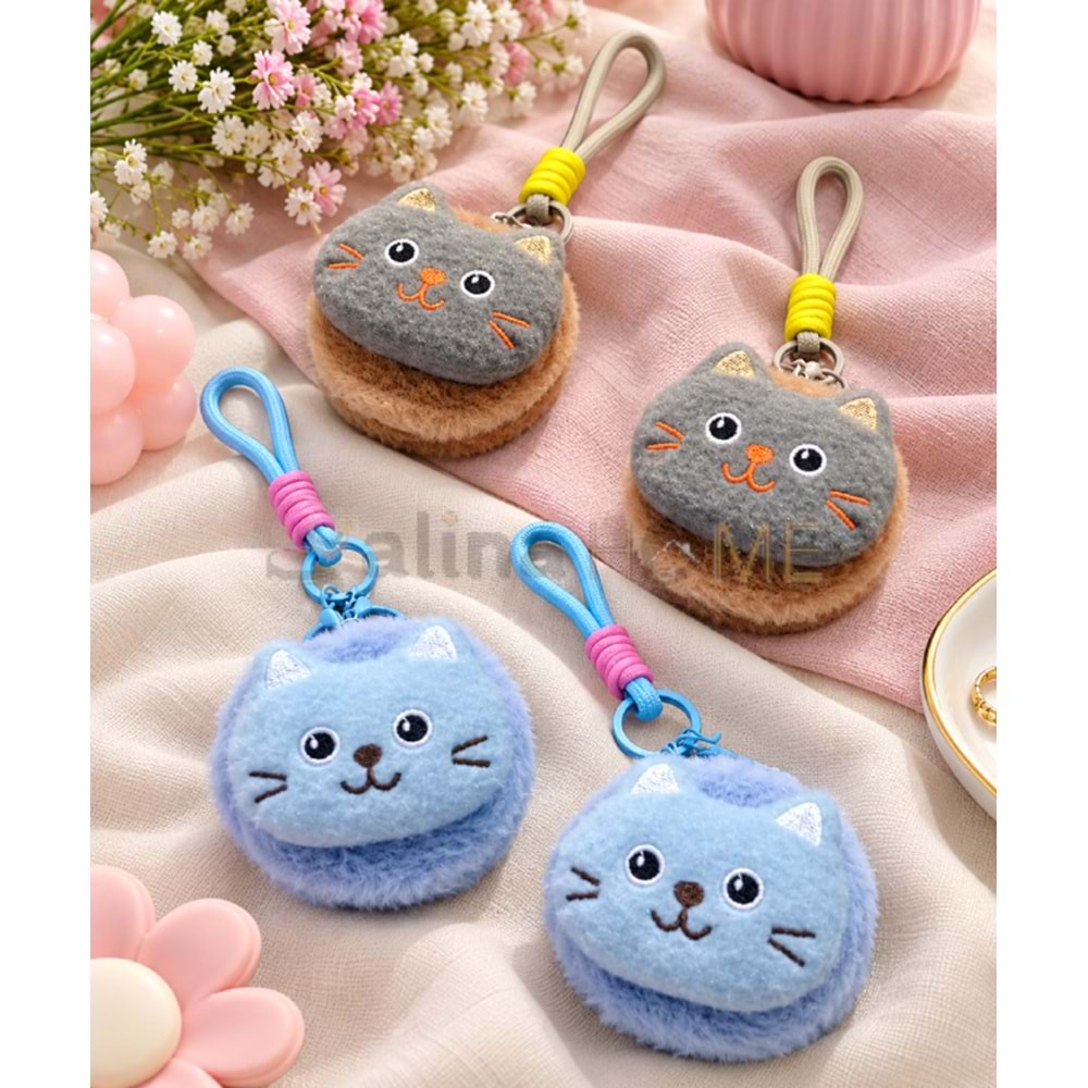 MNG AYNA PELUŞ YUVARLAK KEDİ FİGÜRLÜ ANAHTARLIK VE CEP AYNASI 1*12