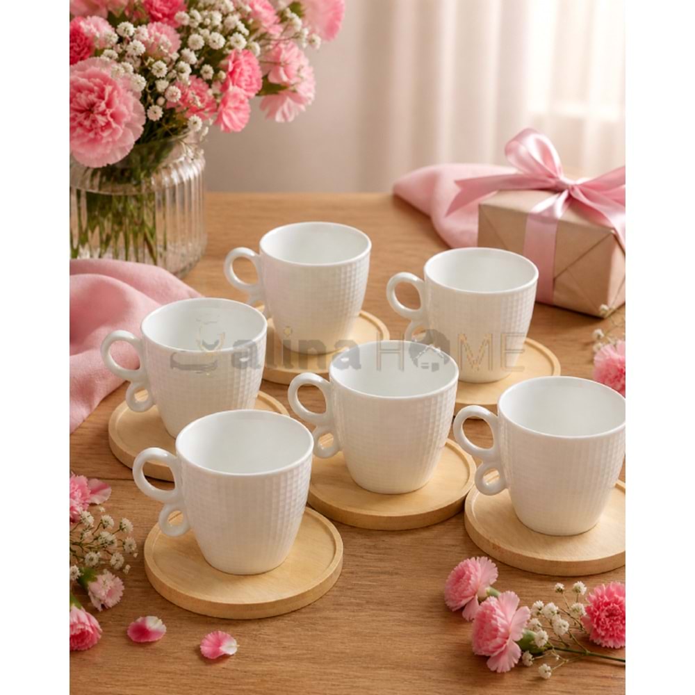 MLN PORSELEN KAHVE FİNCAN TAKIMI BAMBU TABAK 6 LI 1*12