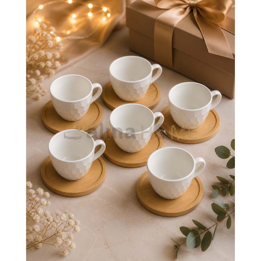 MLN PORSELEN KAHVE FİNCAN TAKIMI BAMBU TABAK 6 LI 1*12