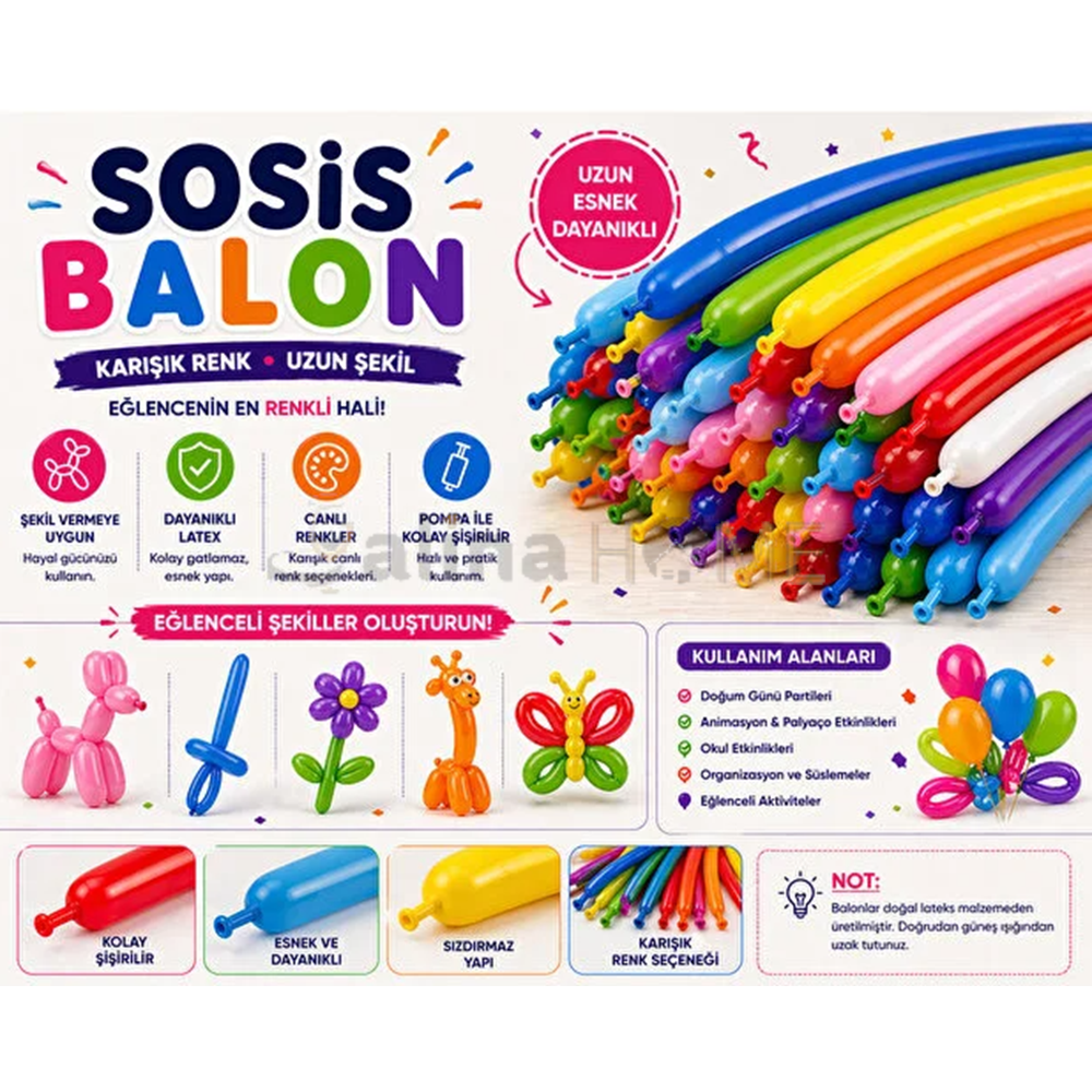 SUNDAY BALON RENKLİ 10 LU SOSİS BALON POMBA HEDİYELİ 10 LU 1*12
