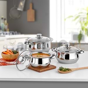 GÜLSAN ÇELİK GÜVEÇ SET ÇAKIR CAM KAPAKLI 14-16-18 CM 1*6