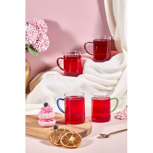 AJE CAM CYLINDRUS RENKLİ KULPLU 4 LÜ BARDAK SETİ 1*18