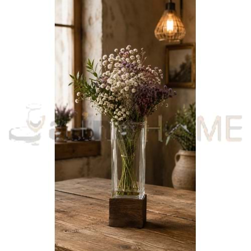 AJE VAZO AHŞAP TABANLI KARE CAM DEKORATİF VAZO 9x25 CM 1*20