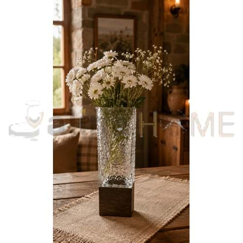 AJE VAZO AHŞAP TABANLI KARE CAM DEKORATİF VAZO 9x25 CM 1*20