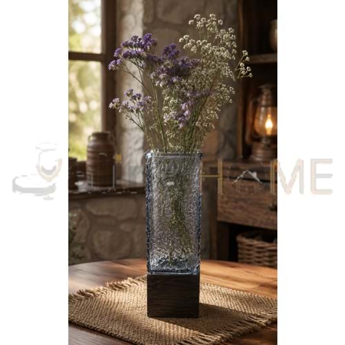AJE VAZO AHŞAP TABANLI KARE CAM DEKORATİF VAZO 9x25 CM 1*20