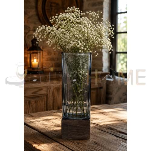 AJE VAZO AHŞAP TABANLI KARE CAM DEKORATİF VAZO 9x25 CM 1*20