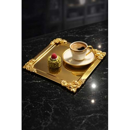 CNM PRES TEPSİ ALVIO ALTIN KARE TEPSİ 4 KÖŞESİ GÜL DETAYLI 22x22 CM GOLD-GOLD