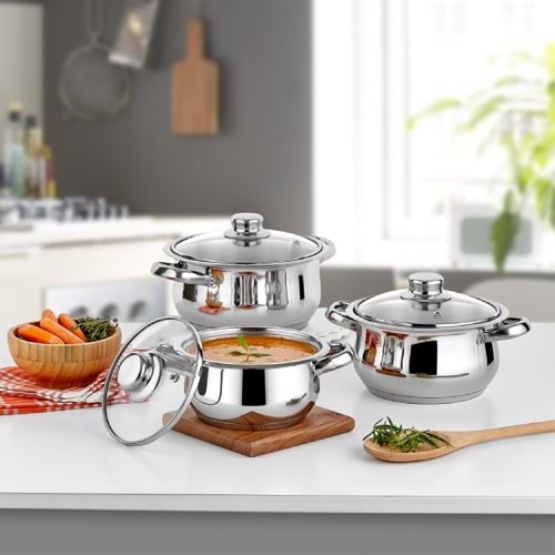 GÜLSAN ÇELİK GÜVEÇ SET CAM KAPAKLI 14-16-18 CM ÇAKIR 1*6