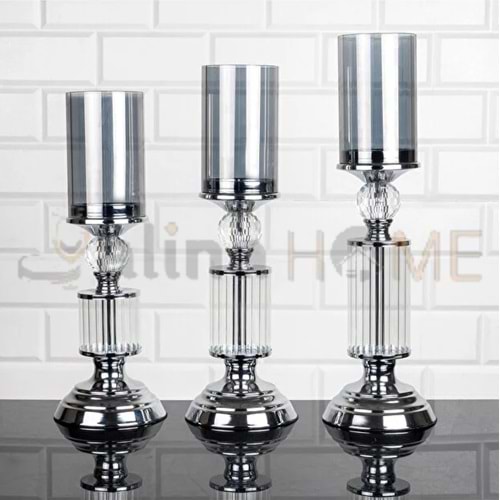 CNM ŞAMDAN CAMLI ÇİZGİ BORU 3 LÜ KROM TAKIM MUMLUK 43-40-37 CM 1*5