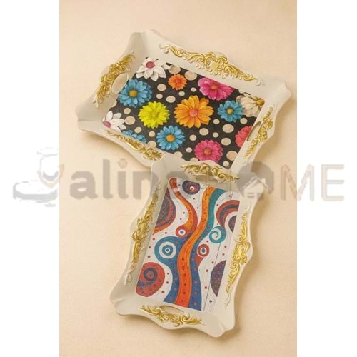 İSRA LÜX BEYAZ BÜYÜK 2 Lİ KARE OTANTİK TEPSİ 44x33-34x26 CM 1*18