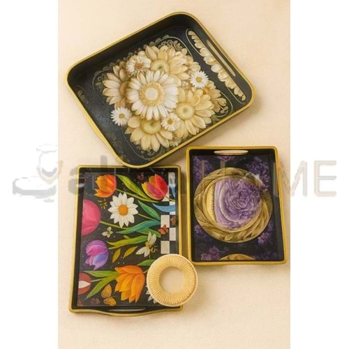 İSRA SİYAH BÜYÜK 3 LÜ KARE YAĞIZ TEPSİ 42x30-38x26-31x22 CM 1*16