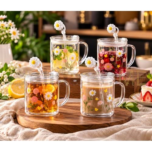 BY COMO KUPA CAM PİPETLİ PAPATYA FİGÜRLÜ 450 ML 1*48