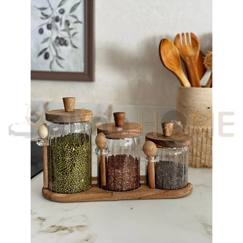 LUCA MİA BAMBU KAPAKLI CAM KAVANOZ SETİ KAŞIKLI STANDLI 1*12