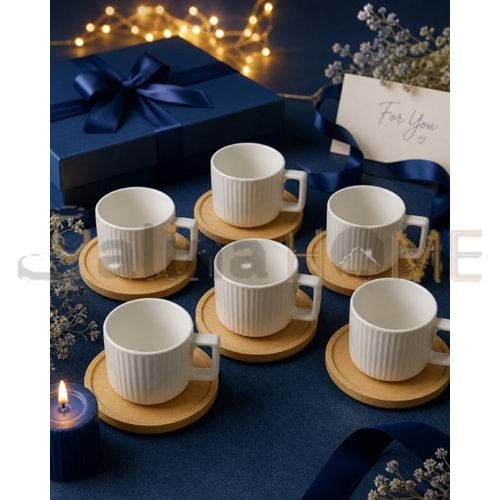MLN PORSELEN KAHVE FİNCAN TAKIMI BAMBU TABAK 6 LI 1*12