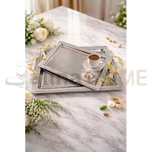 DALGIÇ 2 Lİ DİKDÖRTGEN TEPSİ GÜMÜŞ SETİ 2014SET2 35x25-44x32 CM 1*10