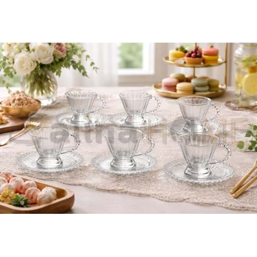 DİAMONDS CAM ALBERT BONCUK KULP SADE CAM ÇAY SETİ 1*8