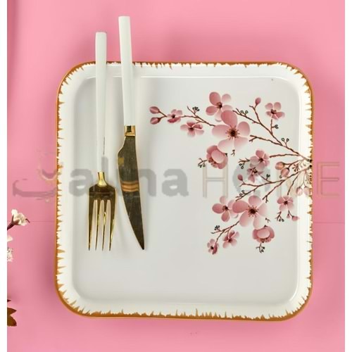 ALİNA HOME PEMBE SAKURA MODEL KARE PASTA TABAĞI 19x19 CM 1*12