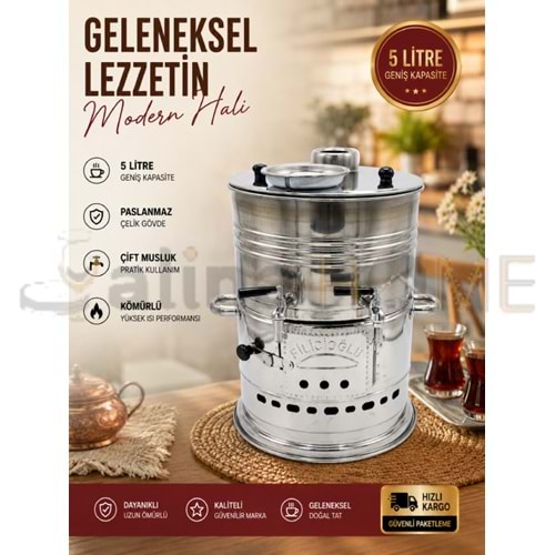 ZEN KROM SEMAVER 5 LT ÇİFT MUSLUK ODUNLU SEMAVER 1*15