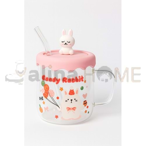 THN KUPA CAM SİLİKON KAPAK PİPETLİ TAVŞAN FİGÜRLÜ 500 ML 1*24